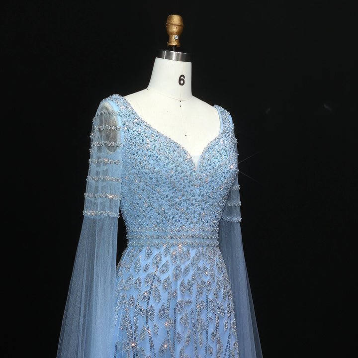 Elegant Pink Beaded Evening Gown with Cape Sleeves SS034