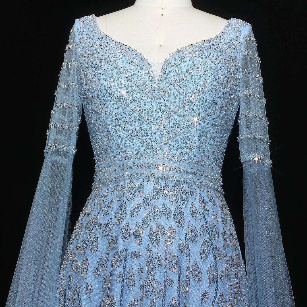 Elegant Pink Beaded Evening Gown with Cape Sleeves SS034