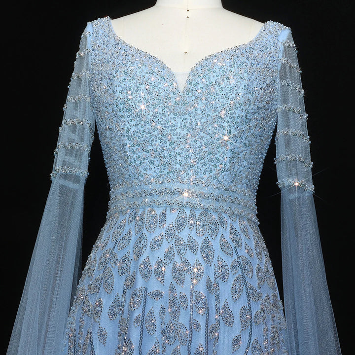 Elegant Pink Beaded Evening Gown with Cape Sleeves SS034
