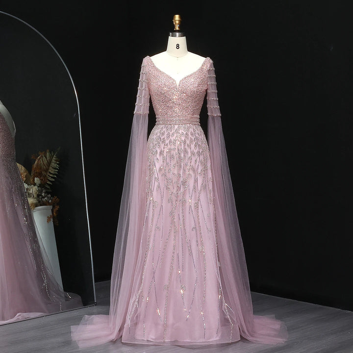 Elegant Pink Beaded Evening Gown with Cape Sleeves SS034