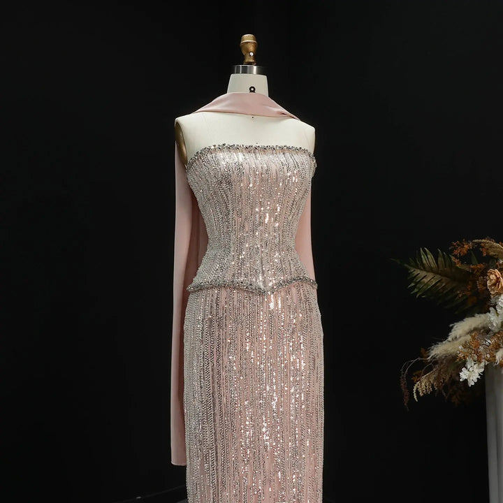 Elegant Pink Beaded Prom Dress 2 Pieces with Long Scarf SS661-DreamyVow