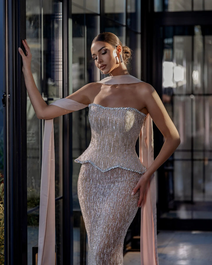 Elegant Pink Beaded Prom Dress 2 Pieces with Long Scarf SS661-DreamyVow