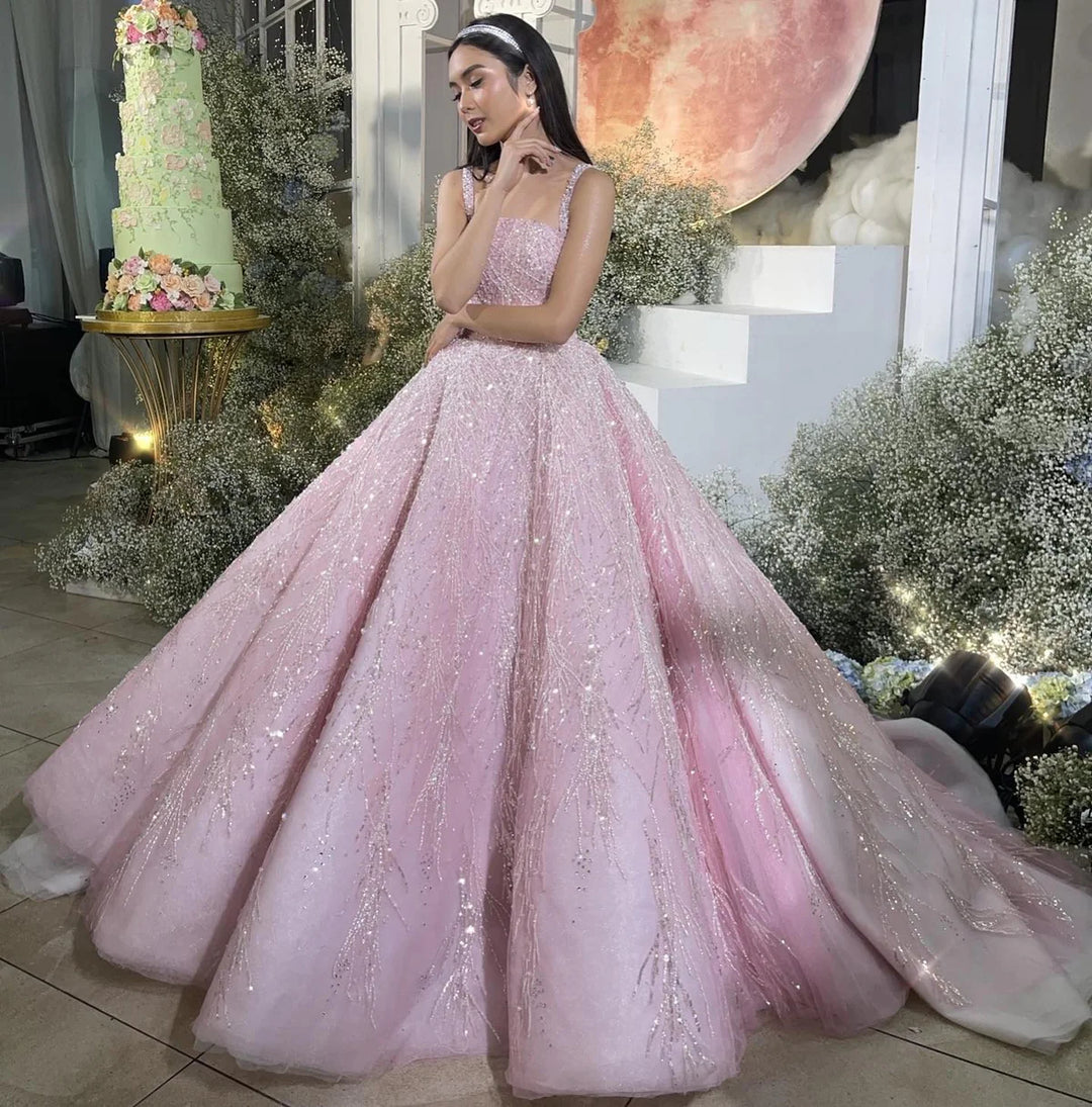 Elegant Pink Beaded Sequin A-Line Sleeveless Evening Dress SS702-DreamyVow