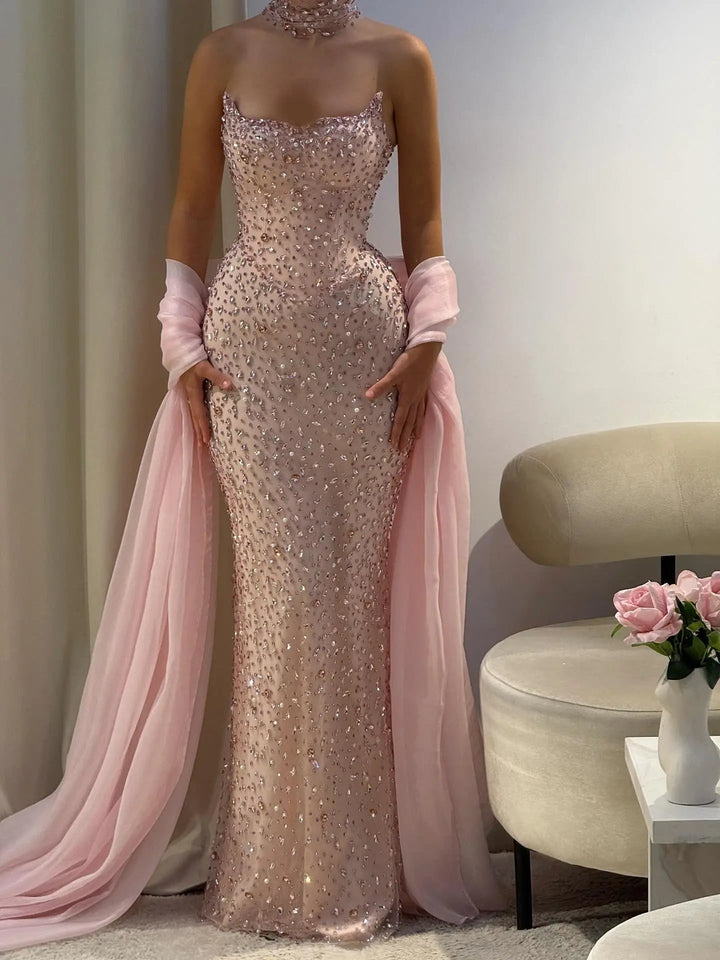 Elegant Pink Crystal Beaded Evening Dress with Sheer Wrap SS382-DreamyVow