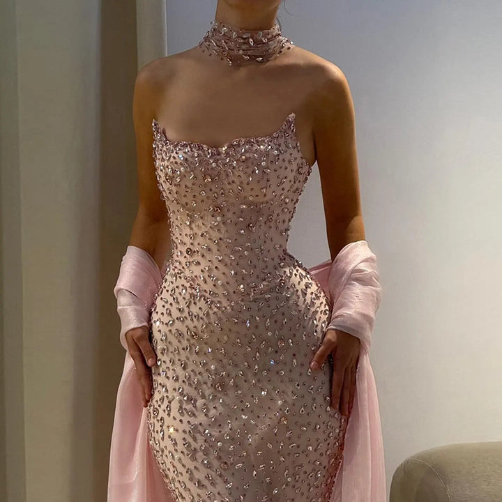 Elegant Pink Crystal Beaded Evening Dress with Sheer Wrap SS382-DreamyVow