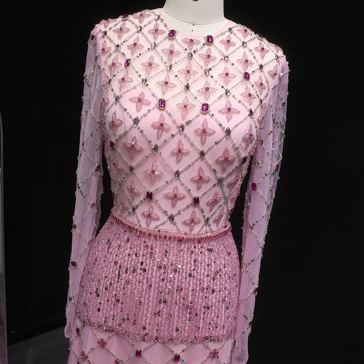 Elegant Pink Crystal Beaded Long Sleeve Evening Dress SS220-DreamyVow