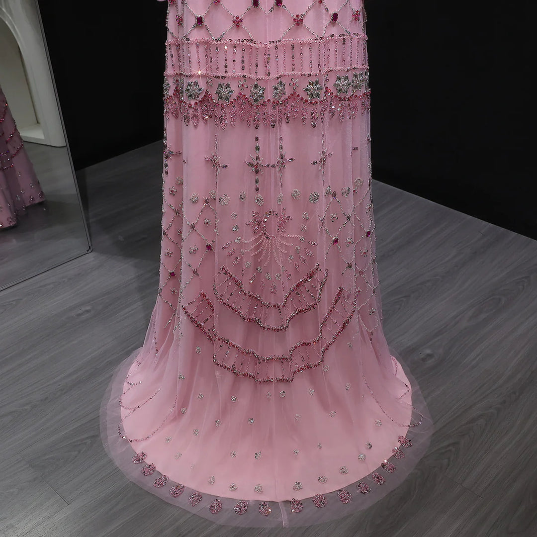 Elegant Pink Crystal Beaded Long Sleeve Evening Dress SS220-DreamyVow