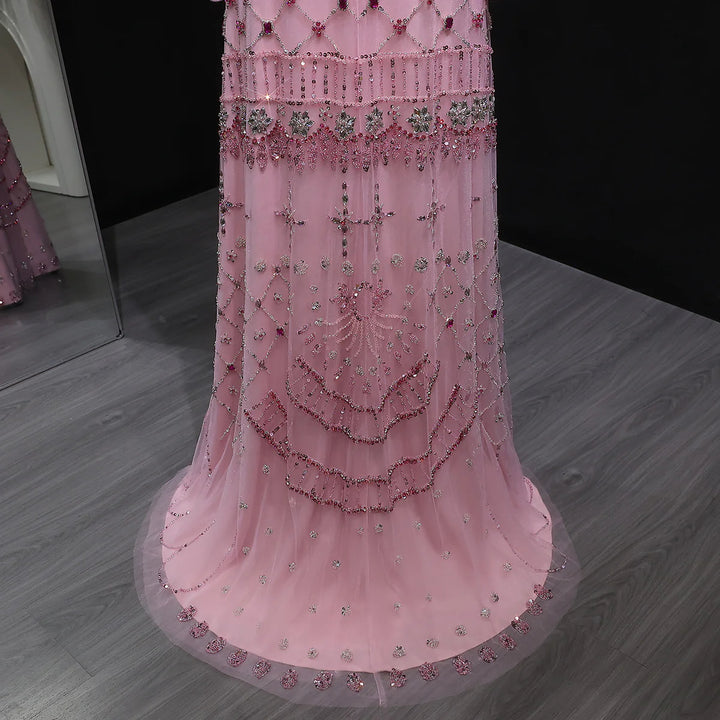 Elegant Pink Crystal Beaded Long Sleeve Evening Dress SS220-DreamyVow