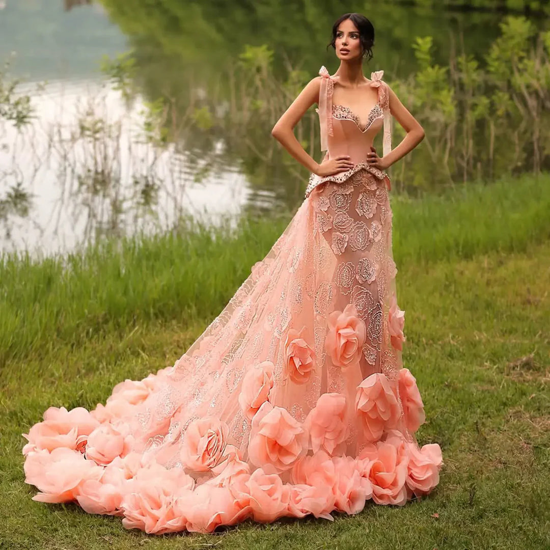 Elegant Pink Crystal Mermaid Evening Dress with Train SS607-DreamyVow