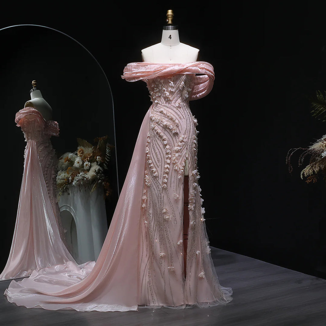 Elegant Pink Sequin 3D Floral Off Shoulder Evening Dress SS604-DreamyVow
