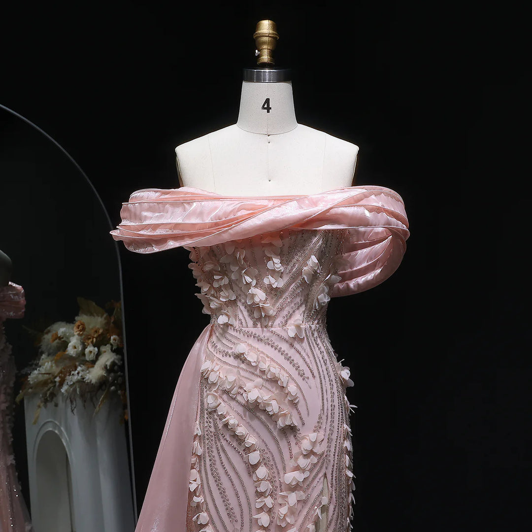 Elegant Pink Sequin 3D Floral Off Shoulder Evening Dress SS604-DreamyVow