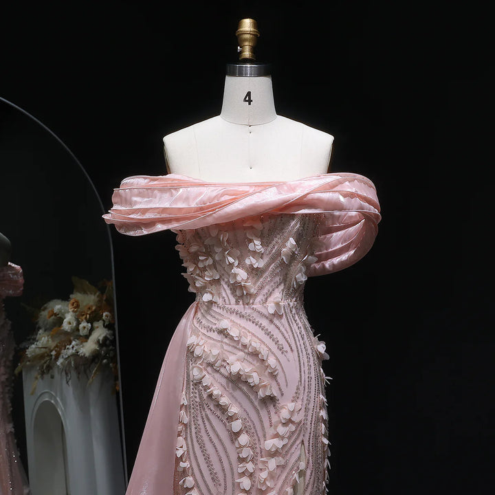 Elegant Pink Sequin 3D Floral Off Shoulder Evening Dress SS604-DreamyVow