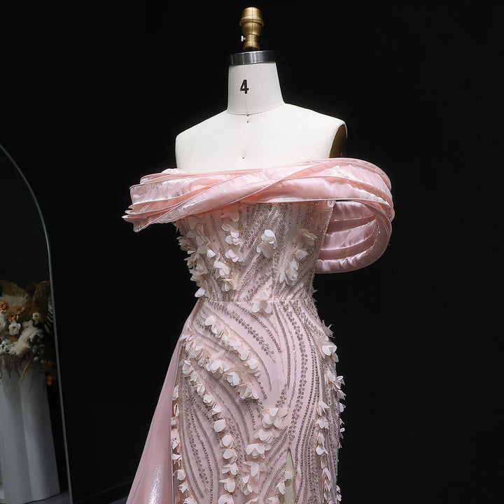 Elegant Pink Sequin 3D Floral Off Shoulder Evening Dress SS604-DreamyVow