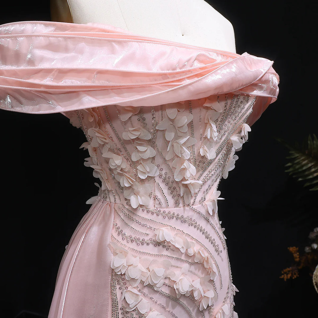 Elegant Pink Sequin 3D Floral Off Shoulder Evening Dress SS604-DreamyVow