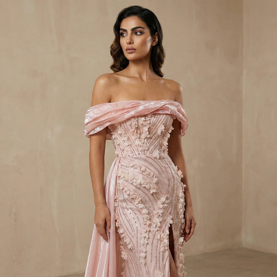 Elegant Pink Sequin 3D Floral Off Shoulder Evening Dress SS604-DreamyVow