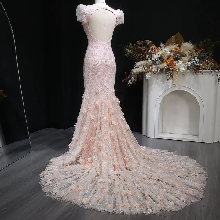 Elegant Pink Sequin Mermaid Evening Dress with Train SS643-DreamyVow