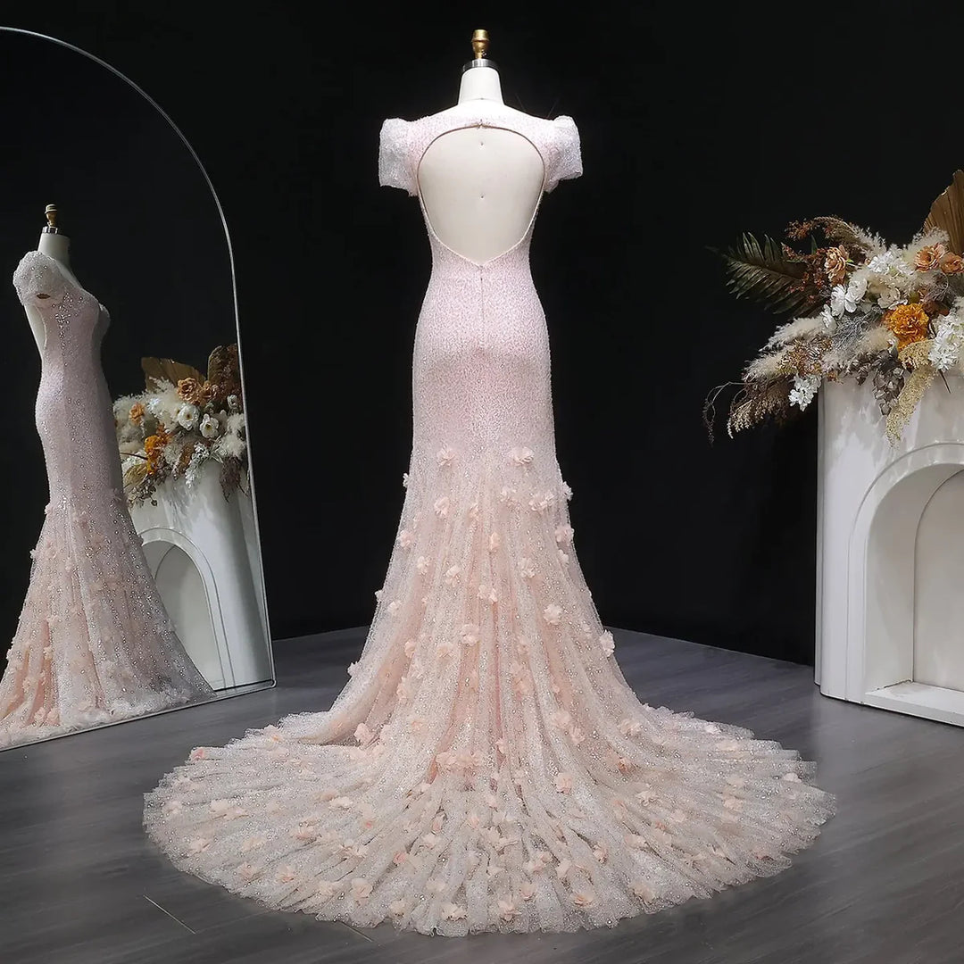Elegant Pink Sequin Mermaid Evening Dress with Train SS643-DreamyVow