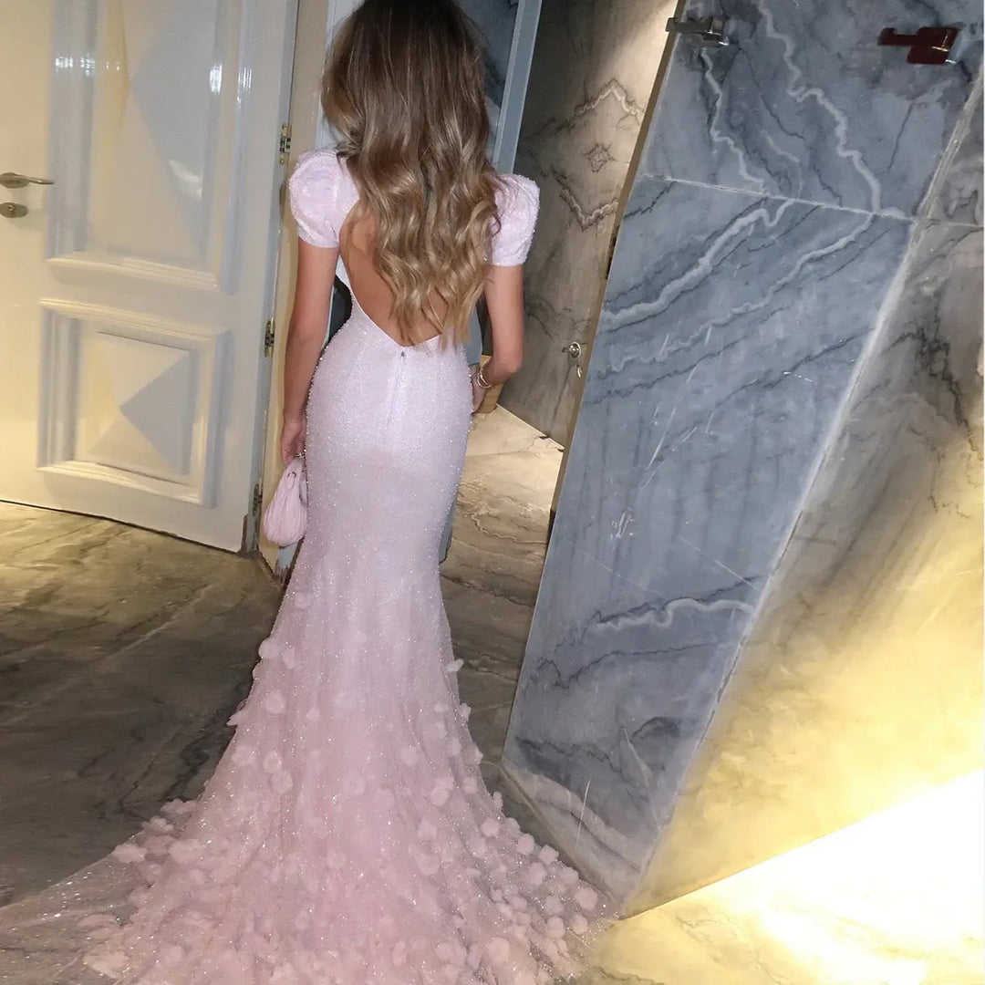 Elegant Pink Sequin Mermaid Evening Dress with Train SS643-DreamyVow