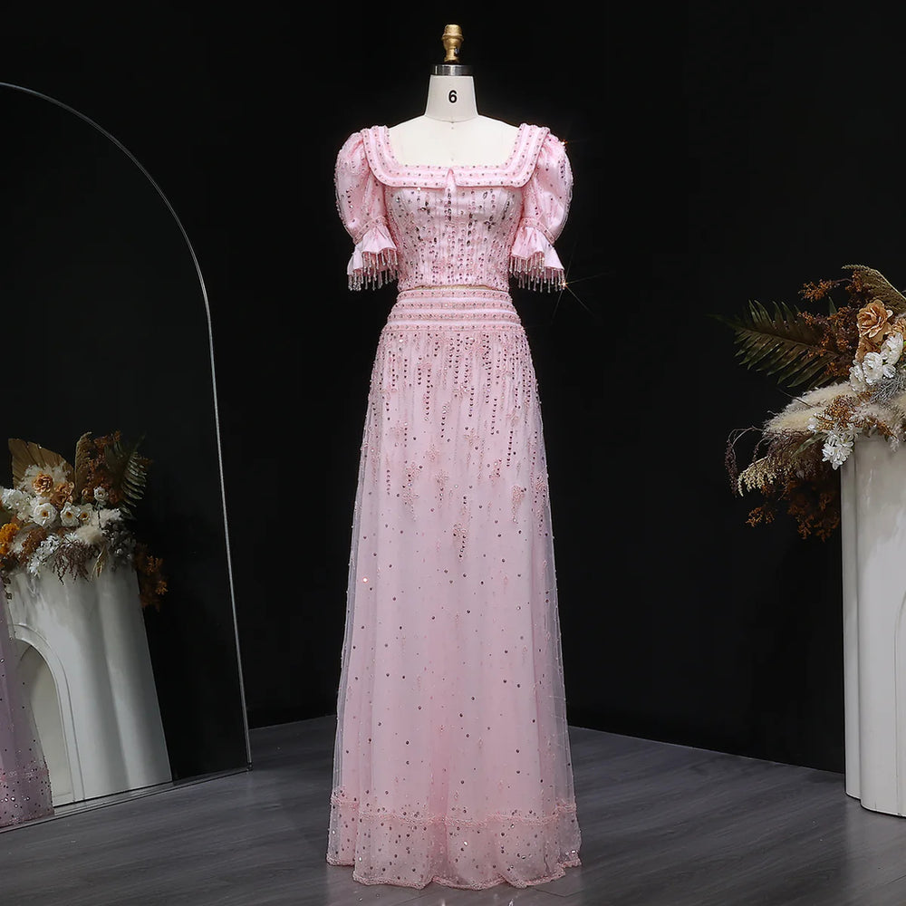 Elegant Pink Sequin Two Piece Evening Dress with Puff Sleeves SS548-DreamyVow