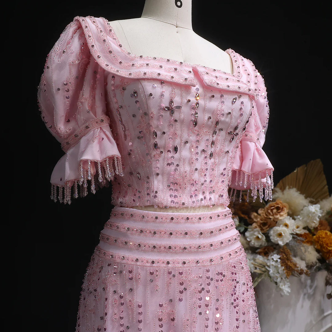 Elegant Pink Sequin Two Piece Evening Dress with Puff Sleeves SS548-DreamyVow