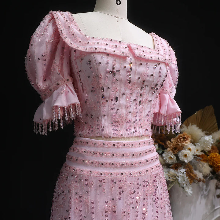 Elegant Pink Sequin Two Piece Evening Dress with Puff Sleeves SS548-DreamyVow