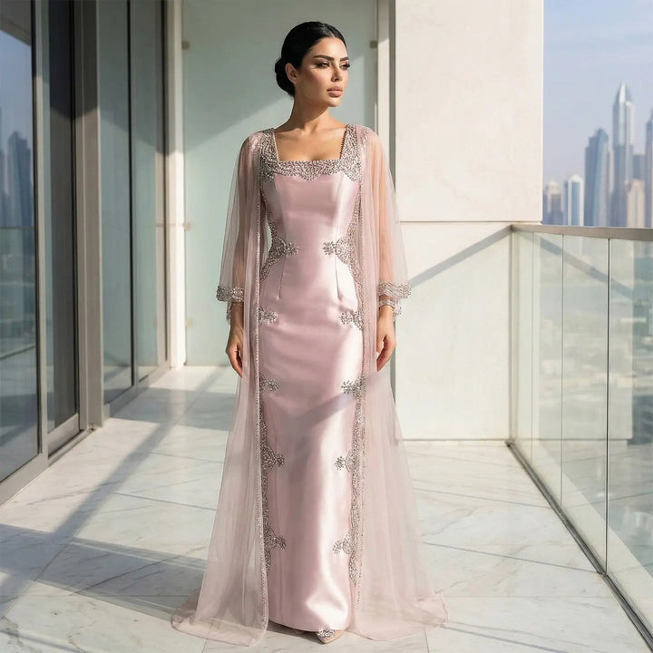 Elegant Pink Square Neck Evening Gown with Crystal Beading SS326-DreamyVow