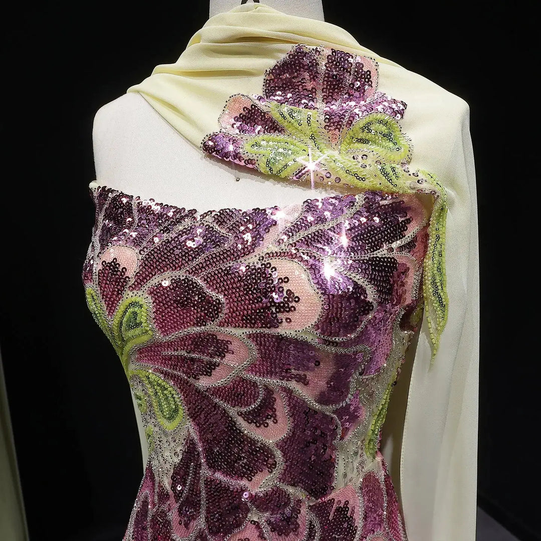 Elegant Purple Green Beaded Sequin Evening Dress with Cape SS511-DreamyVow