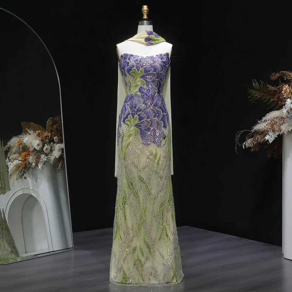 Elegant Purple Green Beaded Sequin Evening Dress with Cape SS511-DreamyVow
