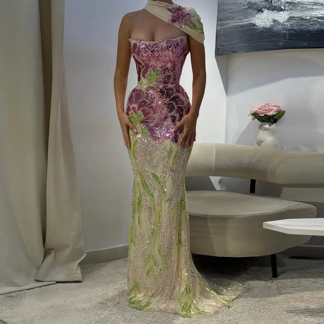 Elegant Purple Green Beaded Sequin Evening Dress with Cape SS511 DreamyVow Elegant Purple Green Beaded Sequin Evening Dress with Cape SS511 DreamyVow