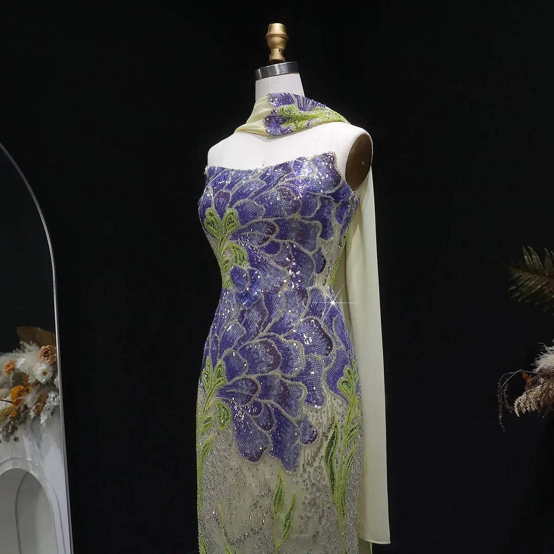 Elegant Purple Green Beaded Sequin Evening Dress with Cape SS511-DreamyVow