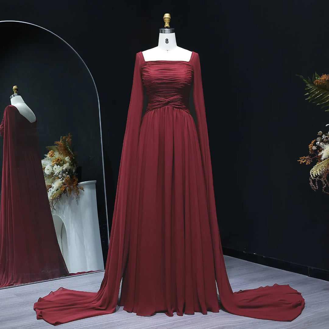 Elegant Red Chiffon Arabic Evening Dresses with Cape Sleeves SF032-DreamyVow