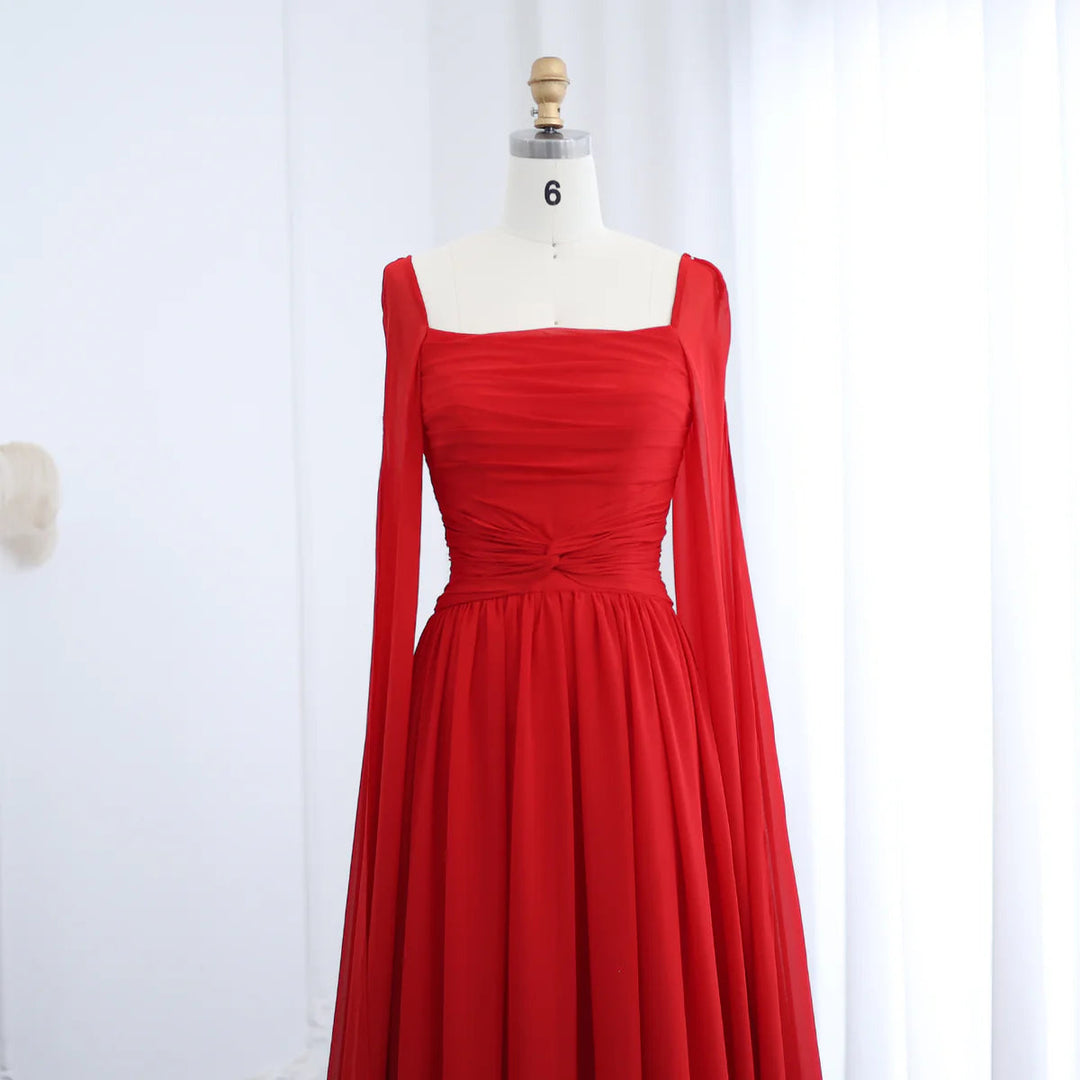 Elegant Red Chiffon Arabic Evening Dresses with Cape Sleeves SF032 DreamyVow Elegant Red Chiffon Arabic Evening Dresses with Cape Sleeves SF032 DreamyVow
