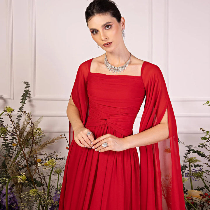 Elegant Red Chiffon Arabic Evening Dresses with Cape Sleeves SF032