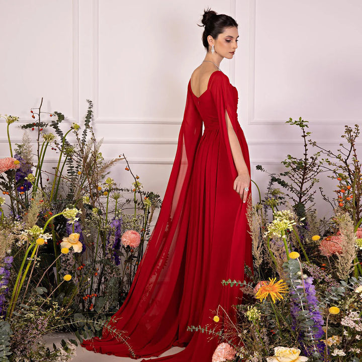 Elegant Red Chiffon Arabic Evening Dresses with Cape Sleeves SF032