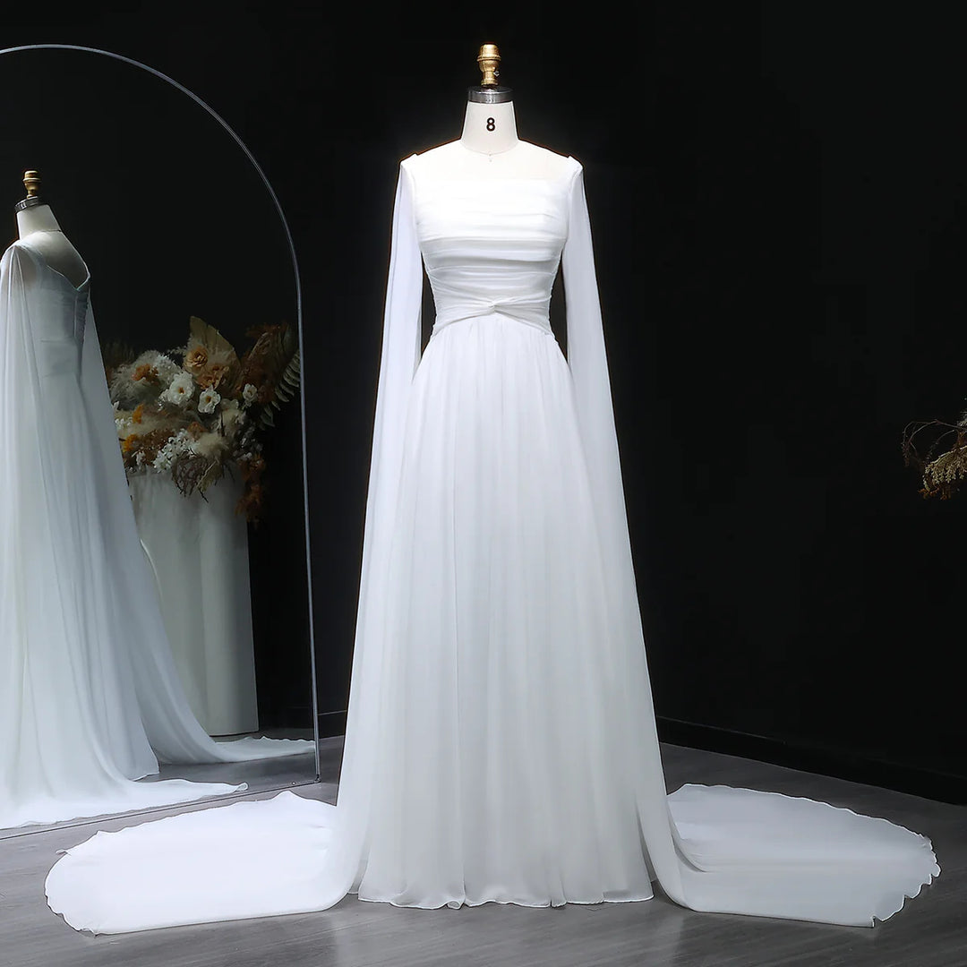 Elegant Red Chiffon Arabic Evening Dresses with Cape Sleeves SF032-DreamyVow