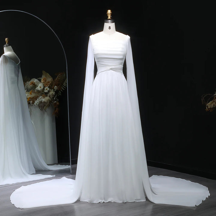 Elegant Red Chiffon Arabic Evening Dresses with Cape Sleeves SF032-DreamyVow