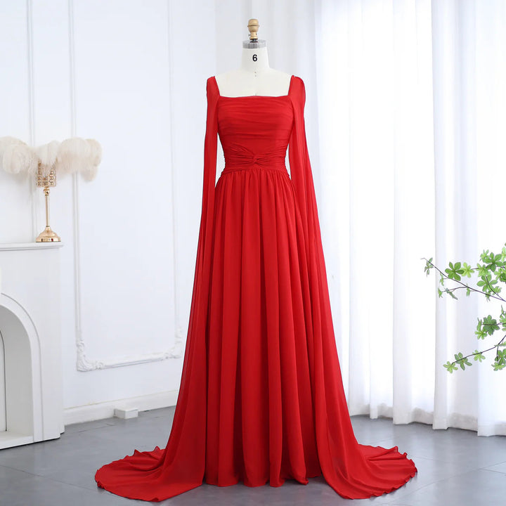Elegant Red Chiffon Arabic Evening Dresses with Cape Sleeves SF032