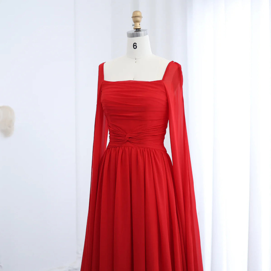 Elegant Red Chiffon Arabic Evening Dresses with Cape Sleeves SF032