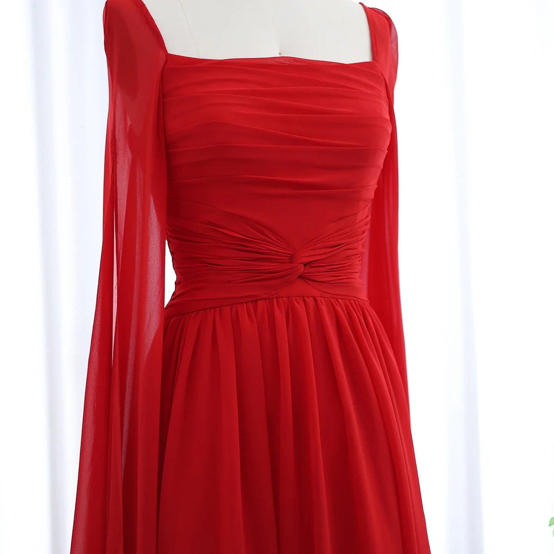 Elegant Red Chiffon Arabic Evening Dresses with Cape Sleeves SF032 DreamyVow Elegant Red Chiffon Arabic Evening Dresses with Cape Sleeves SF032 DreamyVow