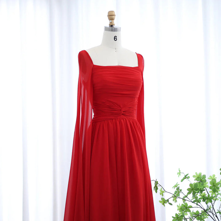Elegant Red Chiffon Arabic Evening Dresses with Cape Sleeves SF032