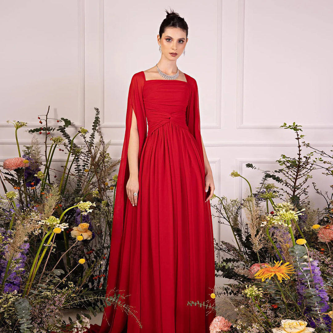 Elegant Red Chiffon Arabic Evening Dresses with Cape Sleeves SF032