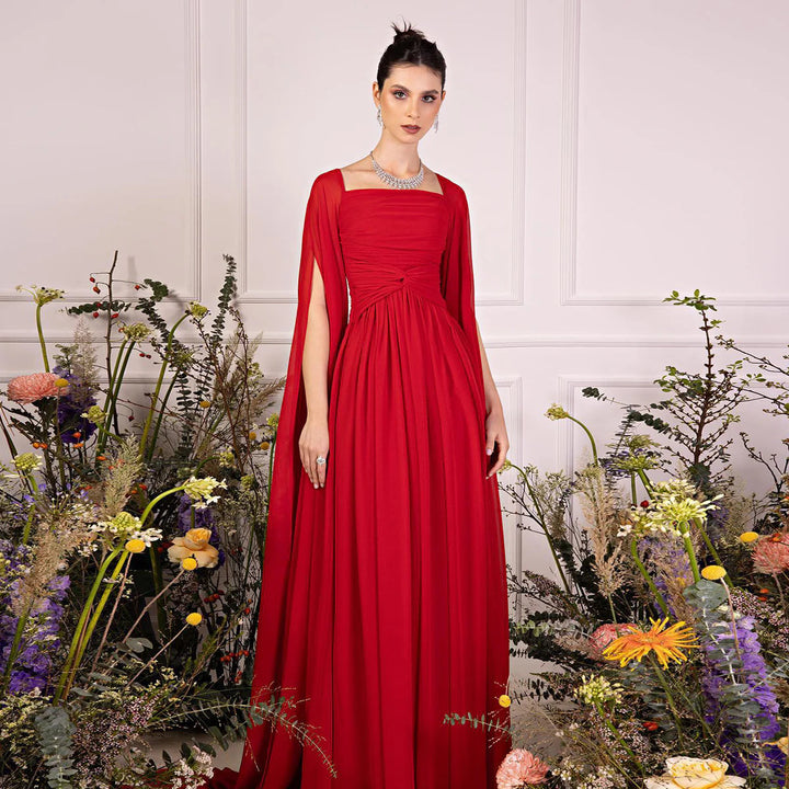 Elegant Red Chiffon Arabic Evening Dresses with Cape Sleeves SF032