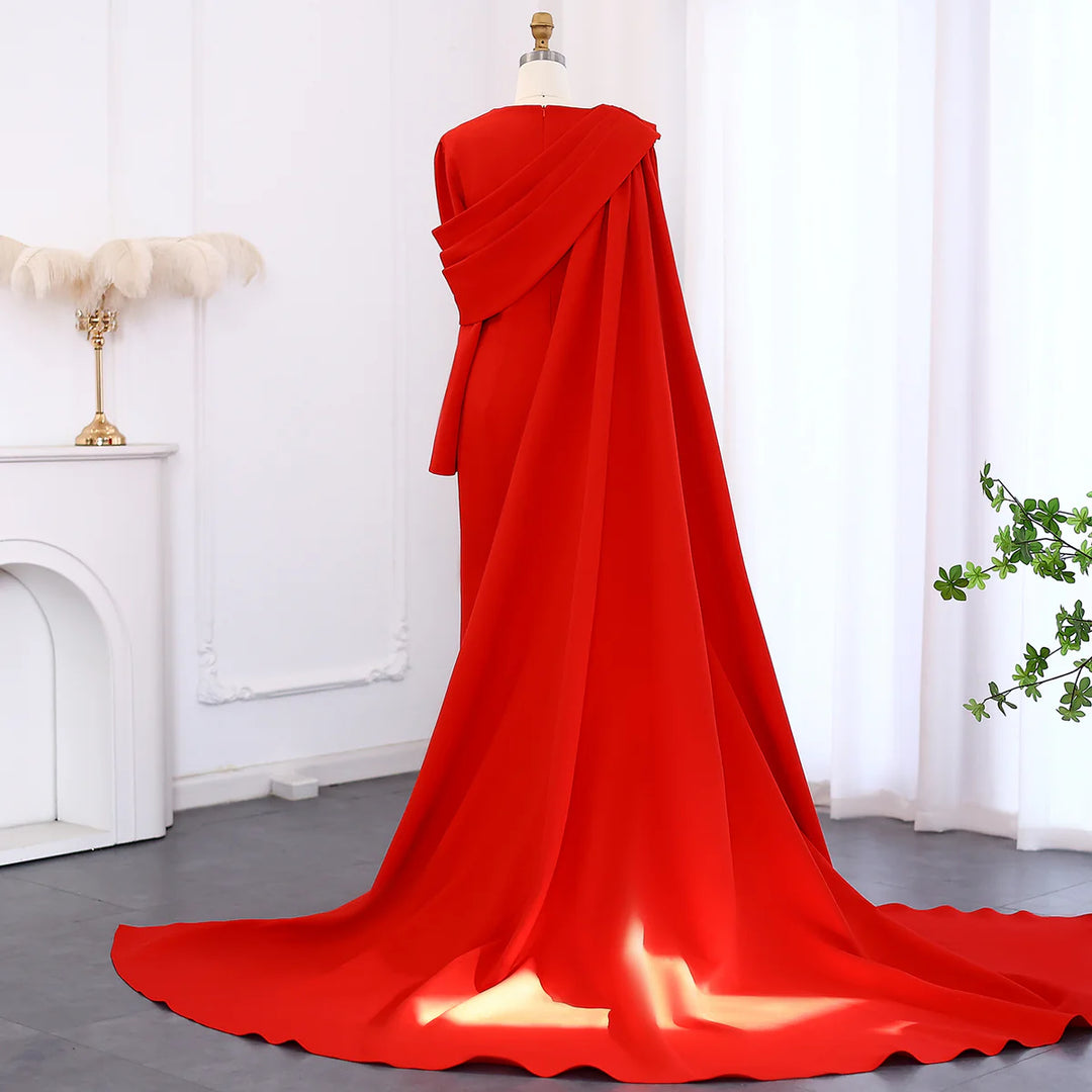 Arabic Black One Shoulder Mermaid Luxury Evening Dress With Cape Sleeve Elegant Dubai Women Wedding Party Gown 389 Red / 4