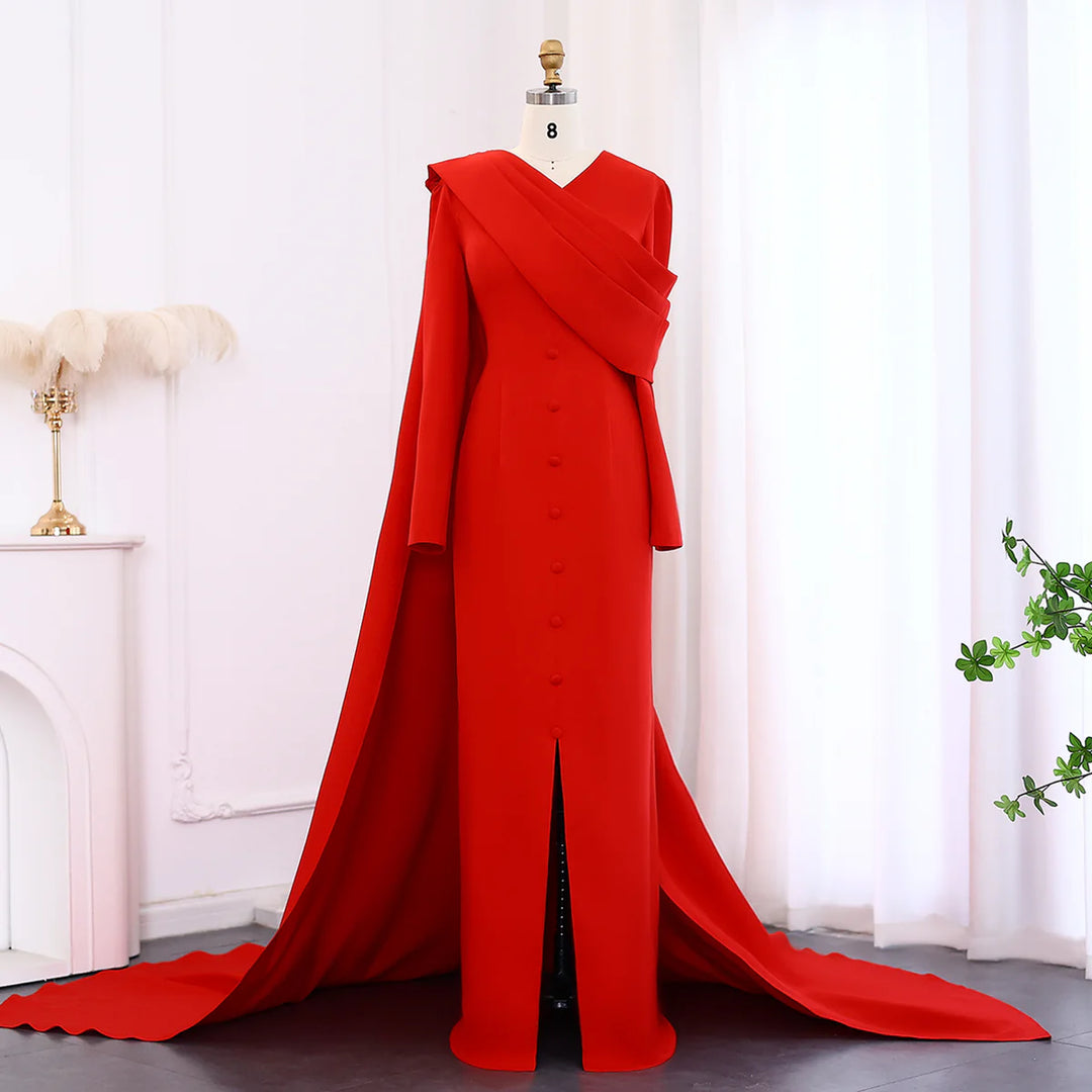 Arabic Black One Shoulder Mermaid Luxury Evening Dress With Cape Sleeve Elegant Dubai Women Wedding Party Gown 389 Red / 4