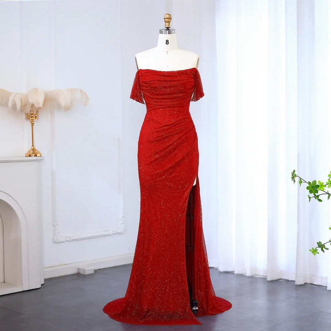 Elegant Red Off Shoulder Evening Dress with Side Slit SF163 DreamyVow Elegant Red Off Shoulder Evening Dress with Side Slit SF163 DreamyVow