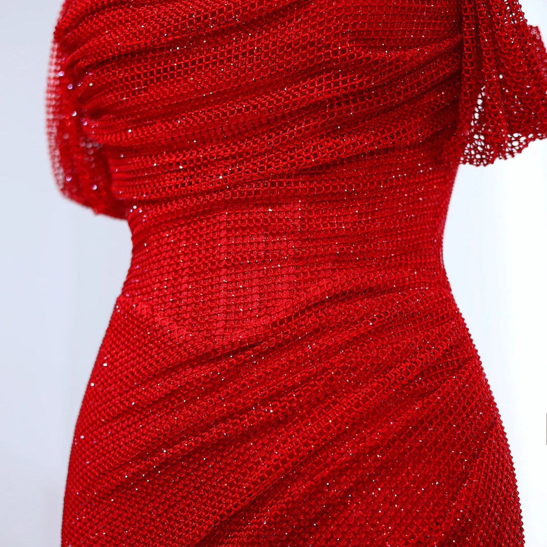 Elegant Red Off Shoulder Evening Dress with Side Slit SF163  DreamyVow