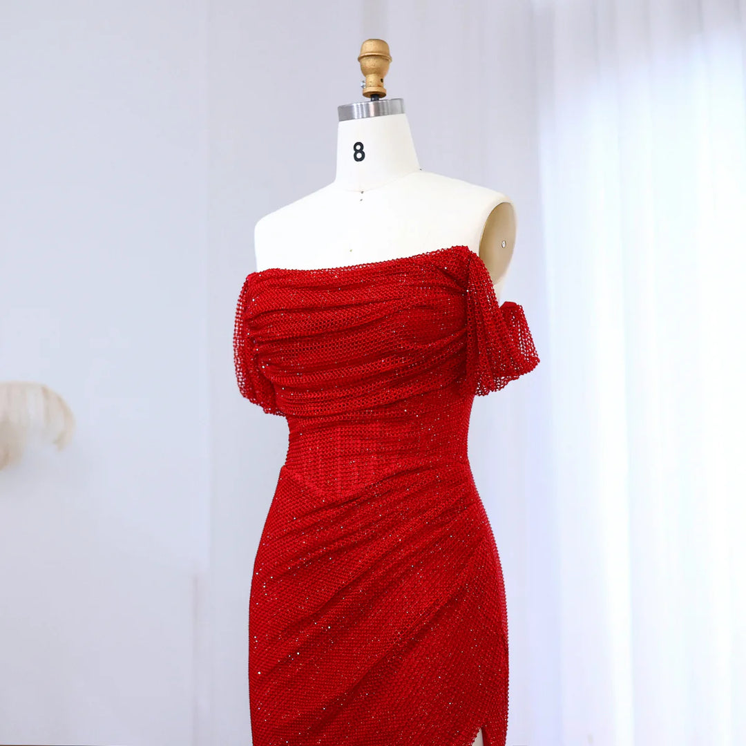 Elegant Red Off Shoulder Evening Dress with Side Slit SF163 DreamyVow Elegant Red Off Shoulder Evening Dress with Side Slit SF163 DreamyVow