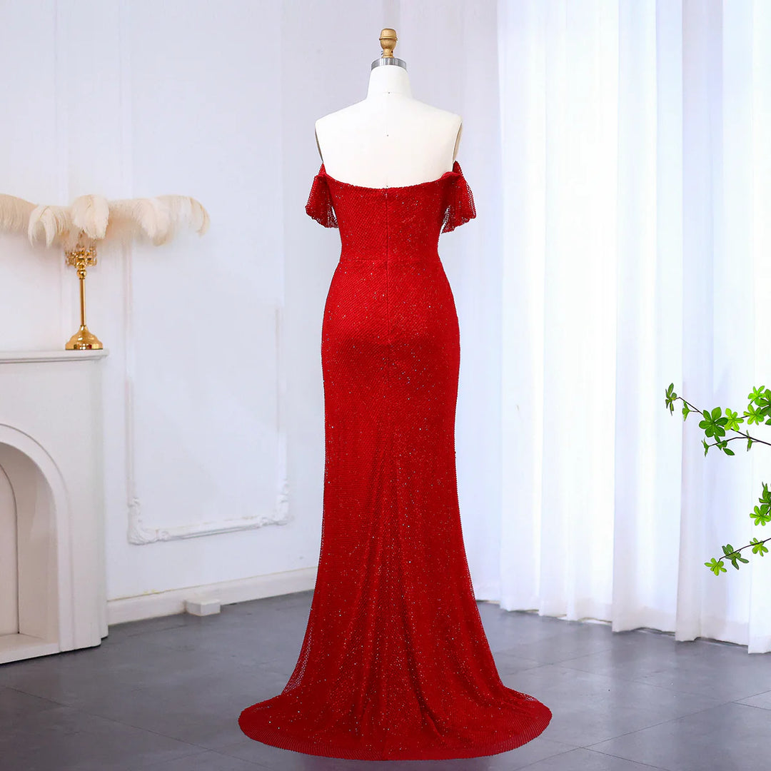Elegant Red Off Shoulder Evening Dress with Side Slit SF163 DreamyVow Elegant Red Off Shoulder Evening Dress with Side Slit SF163 DreamyVow