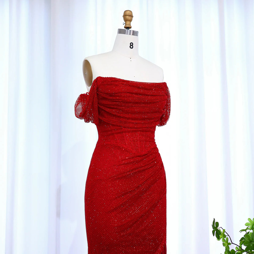 Elegant Red Off Shoulder Evening Dress With Side Slit SF163 Red / 2