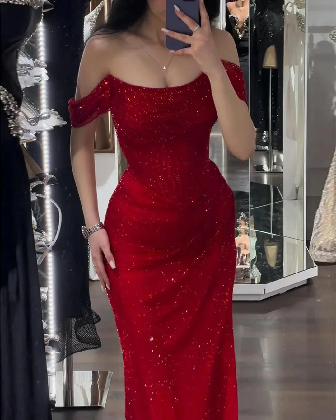 Elegant Red Off Shoulder Evening Dress with Side Slit SF163 Red / 4